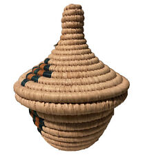 Vintage Hand Woven Tutsi Lidded Coiled Seed Basket Green Geometric Design 4.5