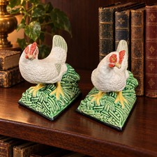 Vintage Bordallo Pinheiro Portugal Majolica Chicken Figurines or Bookends, Pair picture