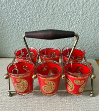 Vintage MCM Culver Red Shot Glass Set with Paisley 22K Gold Accents picture