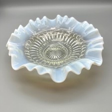 Vintage Early Art Glass Opalescent Pressed Bowl Blue Tint 8 1/4