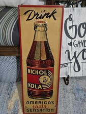 Original 1930s Nichol Kola 5 Cent Tin Sign Vertical Bottle Lithograph Art Deco picture