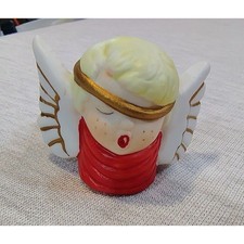 Vintage Pair Ceramic Angel Candle Huggers Red White Gold Christmas Taper Rings picture