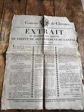 RARE 1823 AURILLAC HORSE RACING POSTER / EXTRACT from the register of orders picture