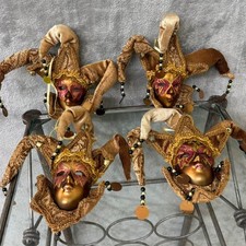 Retro Venetian style Jester  Mask ornaments Set of 4 Masquerade Gold Red Brocade picture