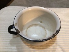 ANTIQUE ENAMELWARE KEROSENE STOVE FUEL DRIP CUP CATCH BASIN WHITE w/ BLUE TRIM picture