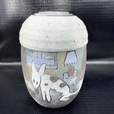 Vintage Hand Made Raku Pottery Large Vase Vessel Dog Fish Couch Signed READ picture