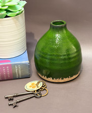 Handcrafted Ovoid Green Glazed Redware Terracotta Studio Pottery Vase Decor picture