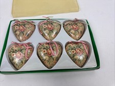 VTG Romantic Roses Christmas Ornaments Lot 6 Heart Shabby Pink Floral Victorian picture