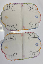 VTG Pair Hand Crochet Embroidery Doilies Floral Multicolor Edge Table Mats 11x7