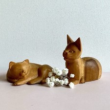 Vintage Hand Carved Wooden Cats Set MCM Boho Wood Cat Figurines 3” picture