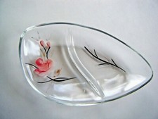 Mid Century Divided Dish Hand Painted Pink Rose Clear Glass Candy Relish  picture