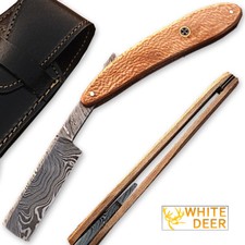 WHITE DEER Damascus Steel Straight Razor w/ Olive Wood Handle Hand Shaving picture