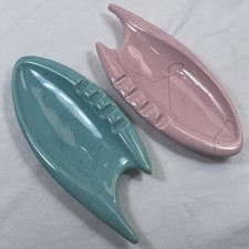VTG Shawnee Pottery 407 Ashtray Pink Turquoise Black Drip Atomic Boomerang MCM picture