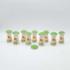 Vintage Arnel's Mushroom Ceramic Spice Jar Set Of 9 With Green Lids And Stoppers picture