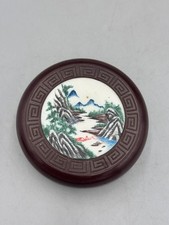 Vintage Mid-20th c. Chinese Red Cinnabar Seal Paste Box Inlaid Landscape Plaque picture