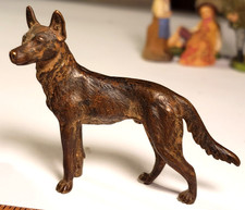 Vtg BEAUTIFUL Bronze DOG PAPERWEIGHT Enameled GERMAN SHEPHERD Miniature Figurine picture