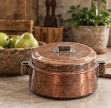 Rustic Copper Lidded Pot Round Storage Container Aged Patina Farmhouse Decor picture