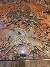 Vtg Set Of 2 Running Wild Horses *Solid  Brass* Wall Hangings 16x10