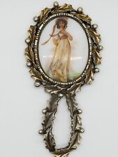 Vintage Brass & Porcelain Handheld Mirror w Picture of Woman 3 3/4