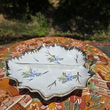 Vintage Porcelain Leaf Trinket Dish Floral Divided Candy Nut Tray Gold Trim Gilt picture