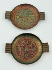 Vtg Hand Painted Brass Ashtray Lot of 2 Floral Etched Enamel Boho Decor India picture