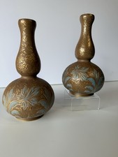 1885 DOULTON LAMBETH VASES PAIR Hand Painted LACE FLORALS SLATERS PATENT 8