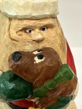 VTG Signed B SANTA CLAUS CHIMNEY Hand Carved WOODEN RARE SCULPTURE W PUPPY decor picture