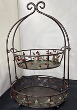 2-Tier Round Metal Tiered Tray Stand w/ Handle, Painted Floral Brown/Green/Red picture