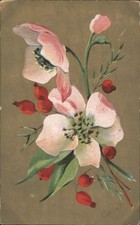 Pink White Flowers with Red Berries, Artist Signed Cora 1910 IA Original Vintage picture