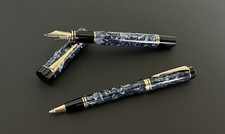 Parker Duofold Blue Marble 18K Fountain Pen Set M Never Used + Biro & Warranty picture