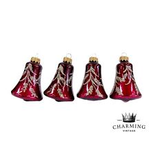 4 Vintage Krebs Dark Red Bells Glitter Decor Blown Glass Christmas Ornaments picture