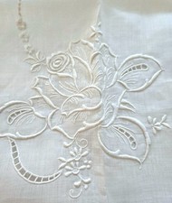 NWT Hand Embroidered Linen Organdy ROSES Tablecloth + Napkins Drawnwork 90