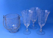 Vintage Cambridge ROSE POINT Ice Bucket W/ 3 Iced Tea Goblets 1042-52 SMALL FLAW picture