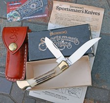 Mint 80's BROWNING Model 502 2 Blade Lockback Knife w/Brass & Genuine STAG picture