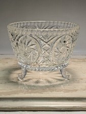 Vintage PRESSED CUT ETCHED GLASS 3 FOOTED BOWL PINWHEELS HOBSTARS picture