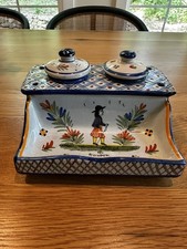 Antique HR Quimper Pottery Breton Man Double Ink Well picture
