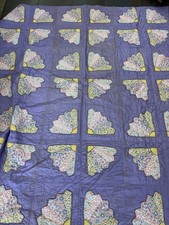 Vintage Handmade Grandmother's Fan Patchwork Quilt Queen Blanket Stitch On Edge picture