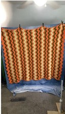Vtg 70s Chevron Crochet Afghan Blanket Orange Avocado Green Yellow Retro 62x68” picture