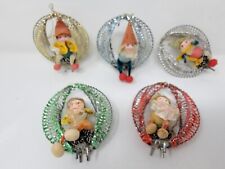 Vintage Set Of 5 - Shiny Brite Pinecone Celluloid Elf In A Metal Mesh Ornaments picture