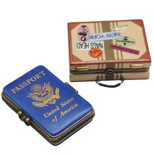 Passport & Suitcase Travel Atlas Porcelain Hinged Trinket Box Set PHB Collection picture