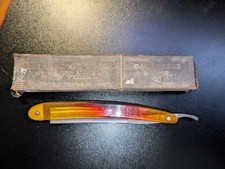 Antique Geneva Cutlery Co Straight Razor Amber Celluloid Scales Original Sleeve picture