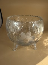 Crystal Rose Bowl Vase/Bowl Footed Cut Crystal Etched Floral Sawtooth Rim Vtg picture