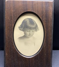 Antique 1920s Little 2 Yr Girl Portrait Walnut Frame Hand Cut Glass Fiber Paper. picture