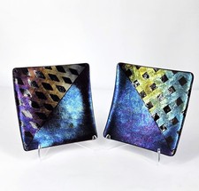 Two 1980s Kurt McKay Signed Iridescent Fused Art Glass Geometric Square Dishes picture