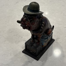 Vintage Ole Puffer Cast Iron Mechanical Bank Working Coin Bank Cigar Nickels picture