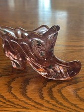 Vintage Fenton Rose Cranberry Pink Art Glass Shoe Hand Painted Floral Signed picture