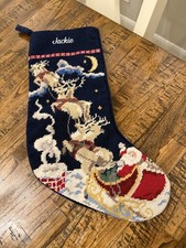 Vintage Land's End Christmas Stocking Reindeer & Santa “Jackie” Monogram Navy picture
