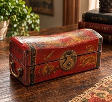 Vintage Chinese Red Lacquer Erotic Pillow Box Dragon Phoenix Brass Hardware picture