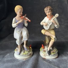 Vintage Ardalt Girl and Boy Playing Instruments With Birds at Their Feet Japan picture