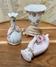 Vintage Lefton Japan Porcelain Lady Hand Vases Ring Holder Roses Lot/ 3 #1 MINT picture
